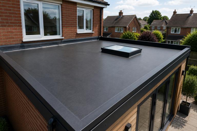 EPDM rubber membrane being installed on a flat roof