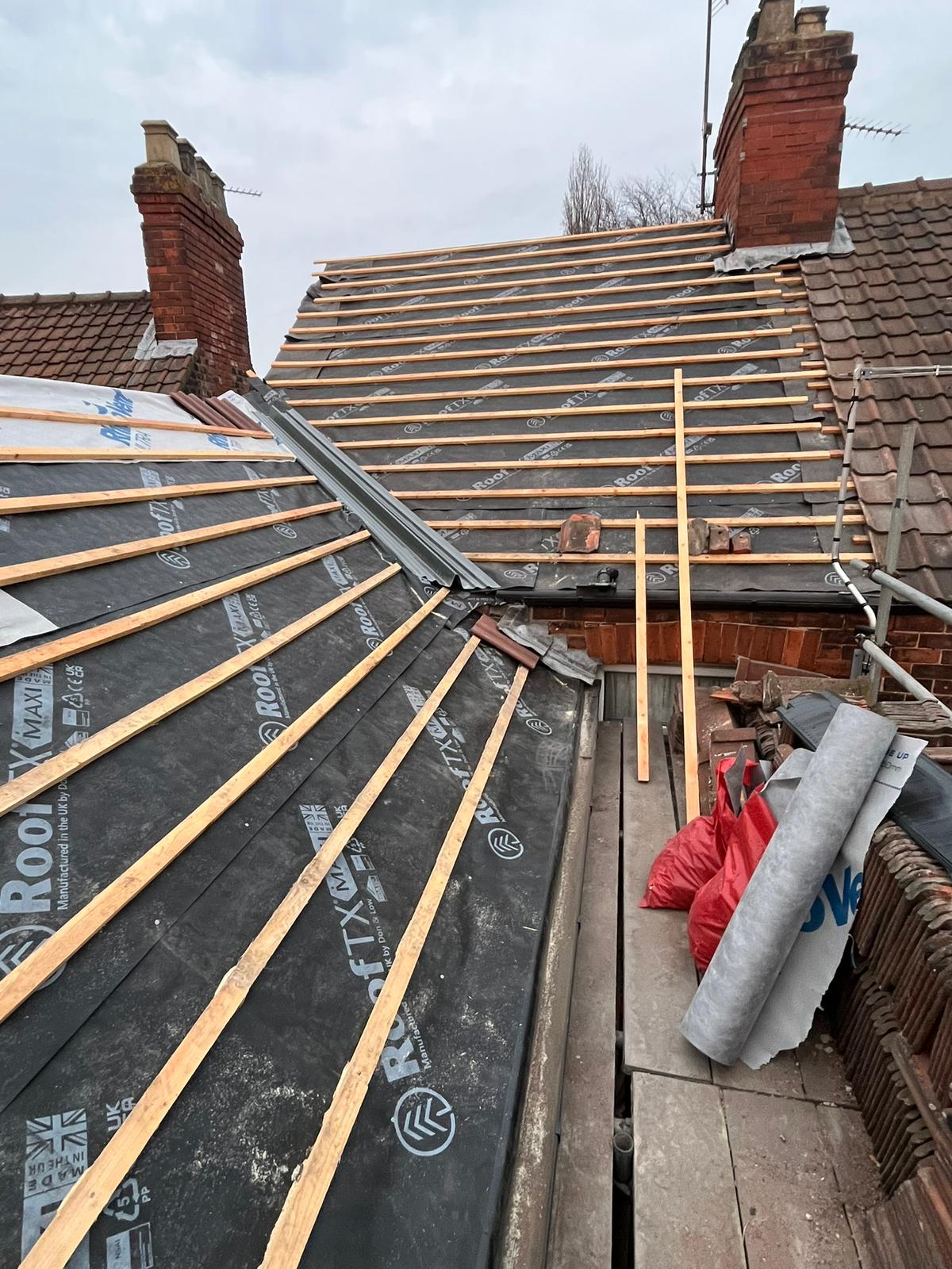 Full re-roof in progress with new breathable membrane and timber battens