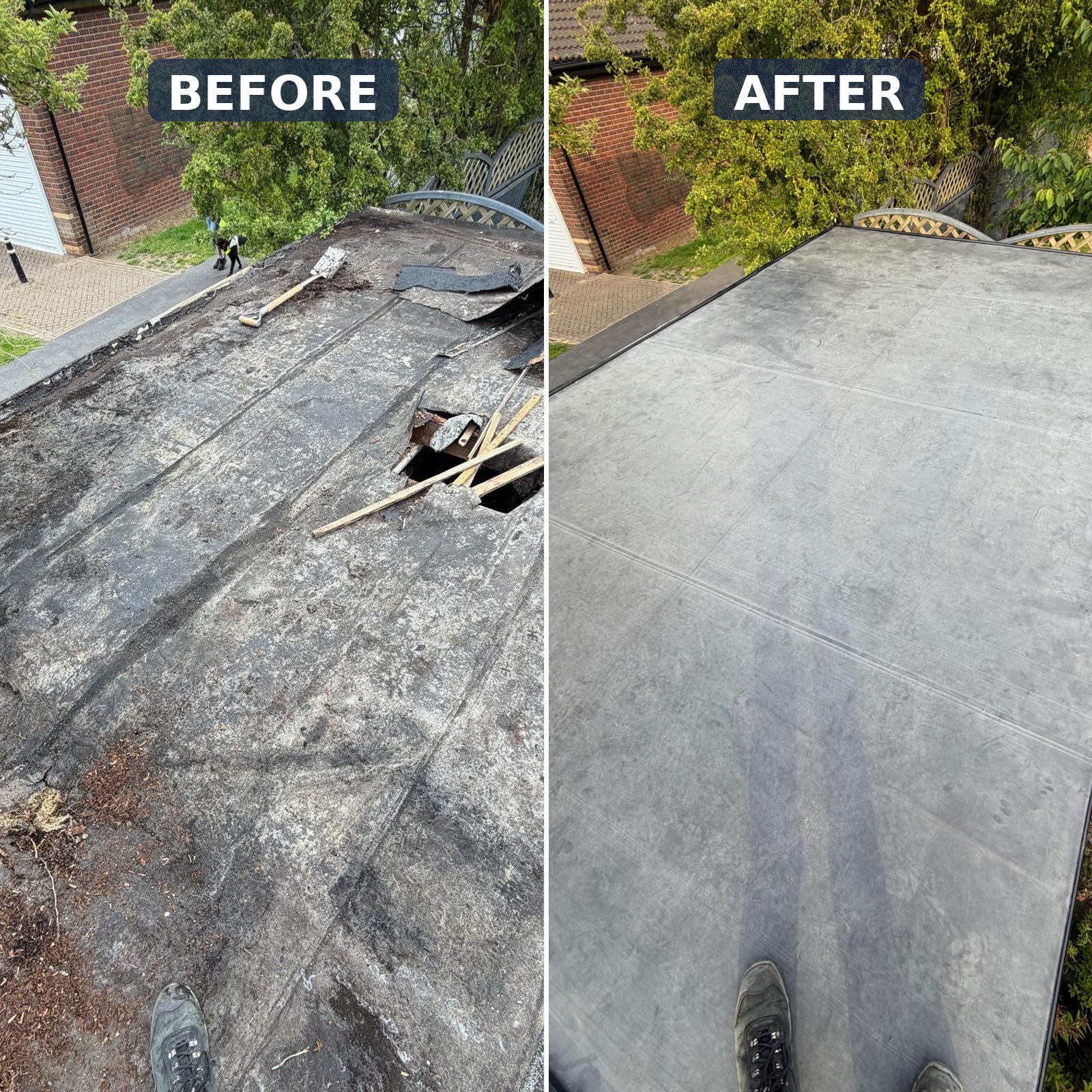 Before and after of an EPDM rubber flat roof replacement