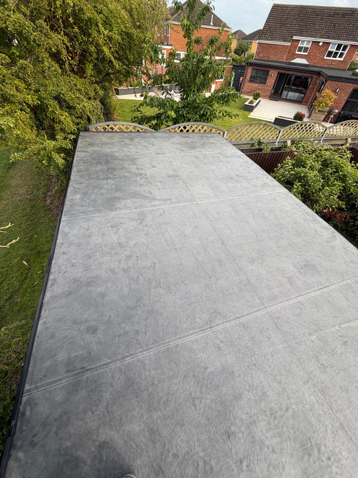 Completed EPDM rubber flat roof on a garden outbuilding